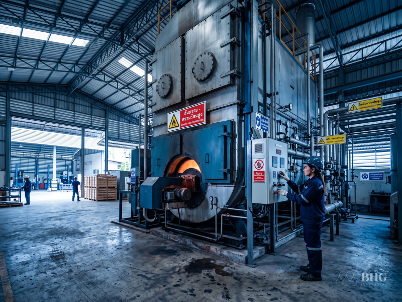 Industrial boiler enclosure and furnace system inspection for degraded insulation refractory.
