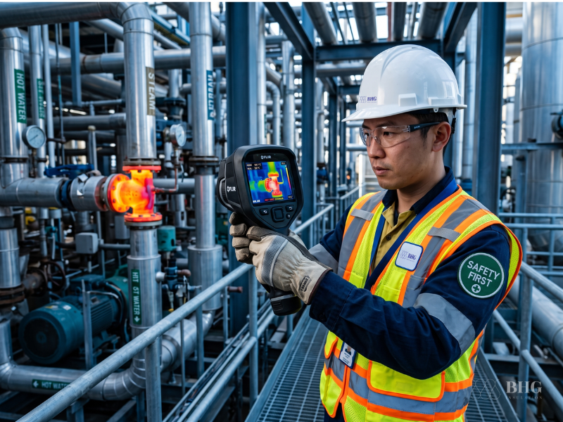 Engineer using an infrared thermography camera to conduct a thermal leakage analysis on factory piping.