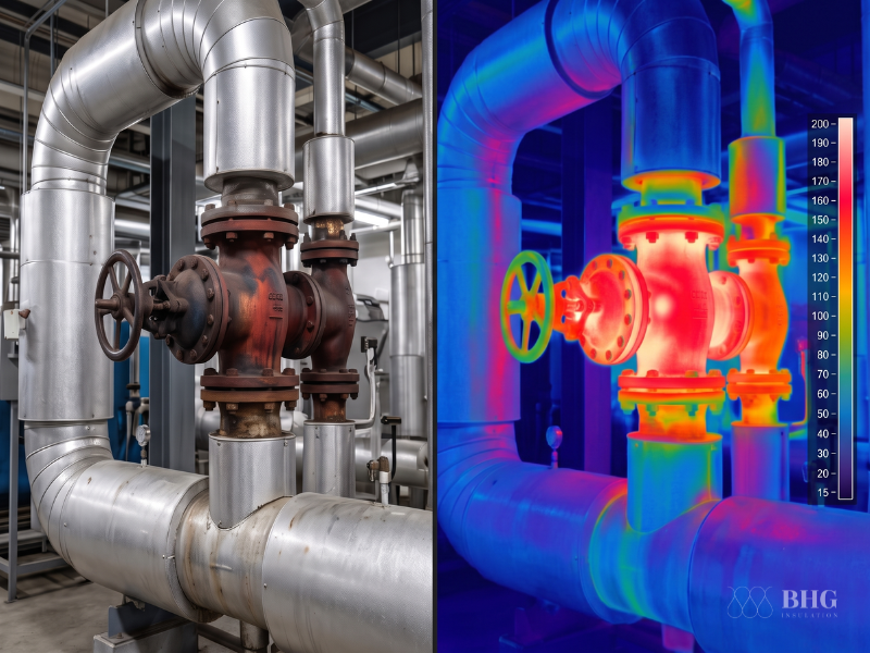 Uninsulated steam valve and pipe flange causing thermal energy loss in a production line.