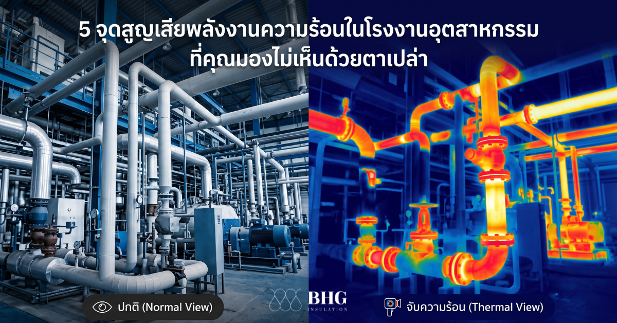 Industrial factory pipe system with split-screen showing normal view and thermal imaging of heat loss.